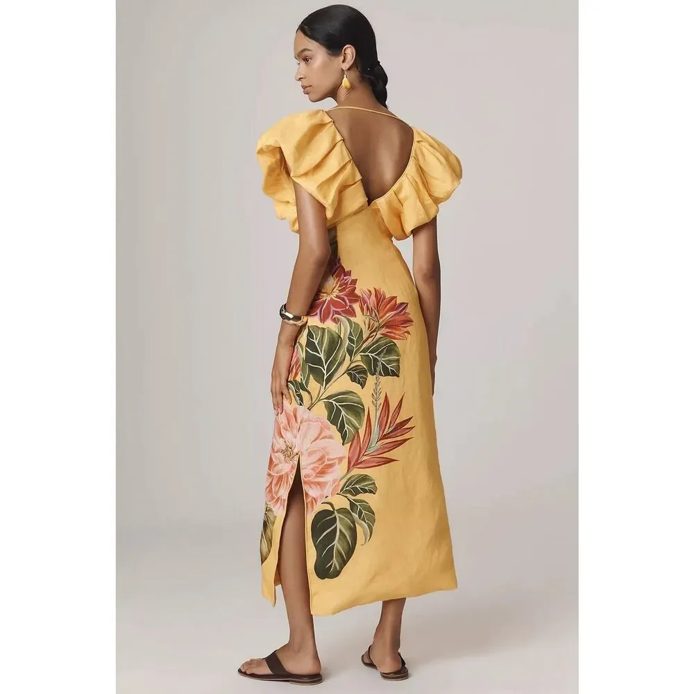 Anthropologie Farm Rio V-Neck Linen Midi Dress - Picture 3 of 13